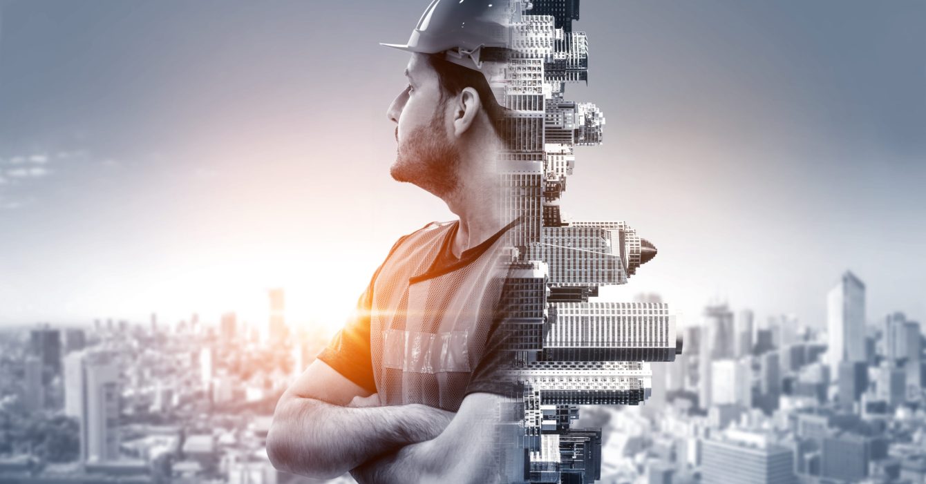 Future building construction engineering project concept with double exposure graphic design. Building engineer, architect people or construction worker working with modern civil equipment technology. Future building construction engineering project concept with double exposure graphic design. Building engineer, architect people or construction worker working with modern civil equipment technology.