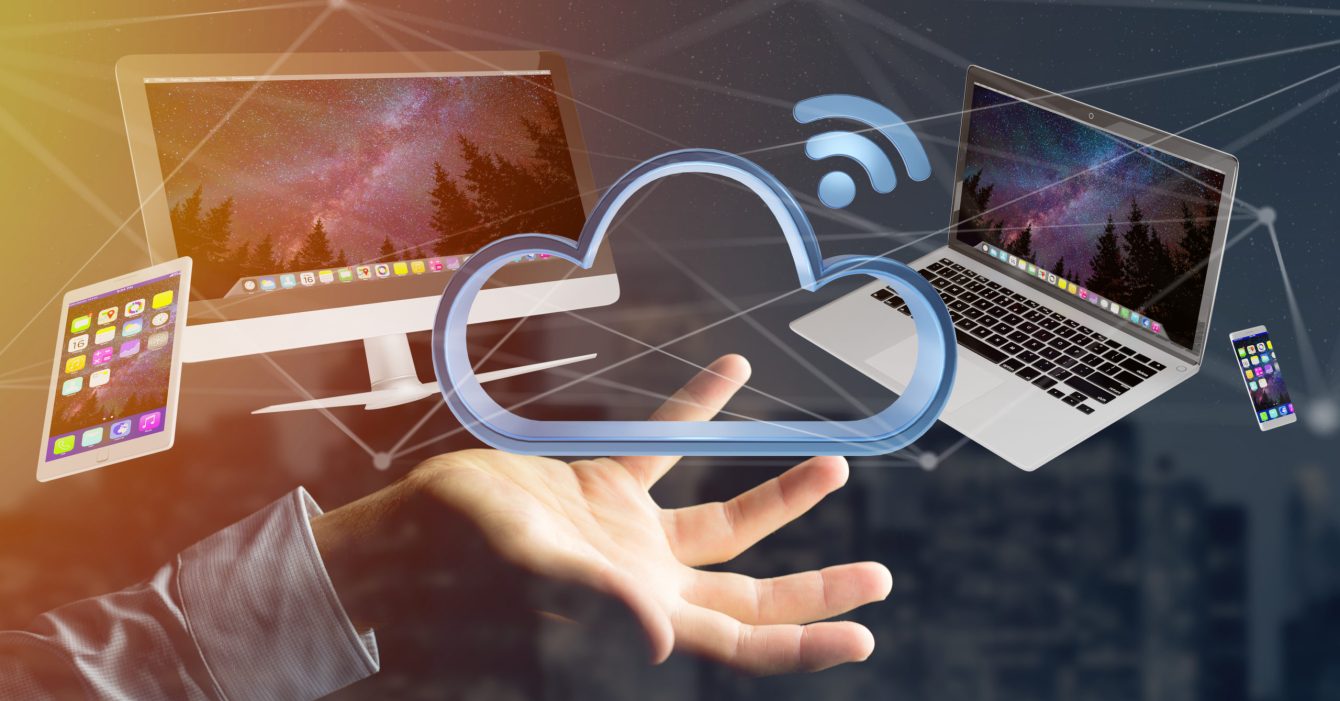 Devices like smartphone, tablet or computer flying over connected cloud - 3d render Devices like smartphone, tablet or computer flying over connected cloud - 3d render