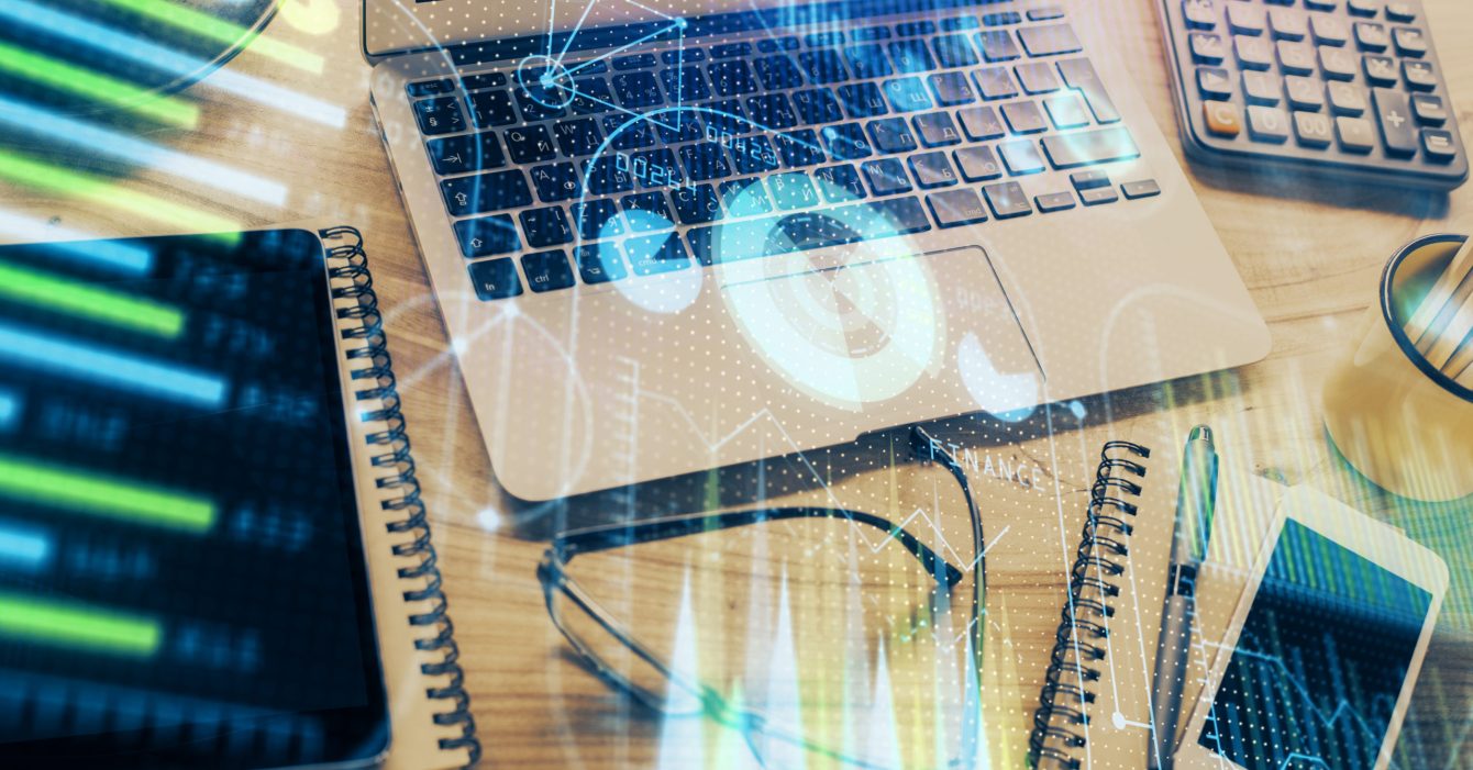 Double exposure of table with computer on background and data theme drawing. Concept of innovation. Double exposure of table with computer on background and data theme drawing. Concept of innovation.