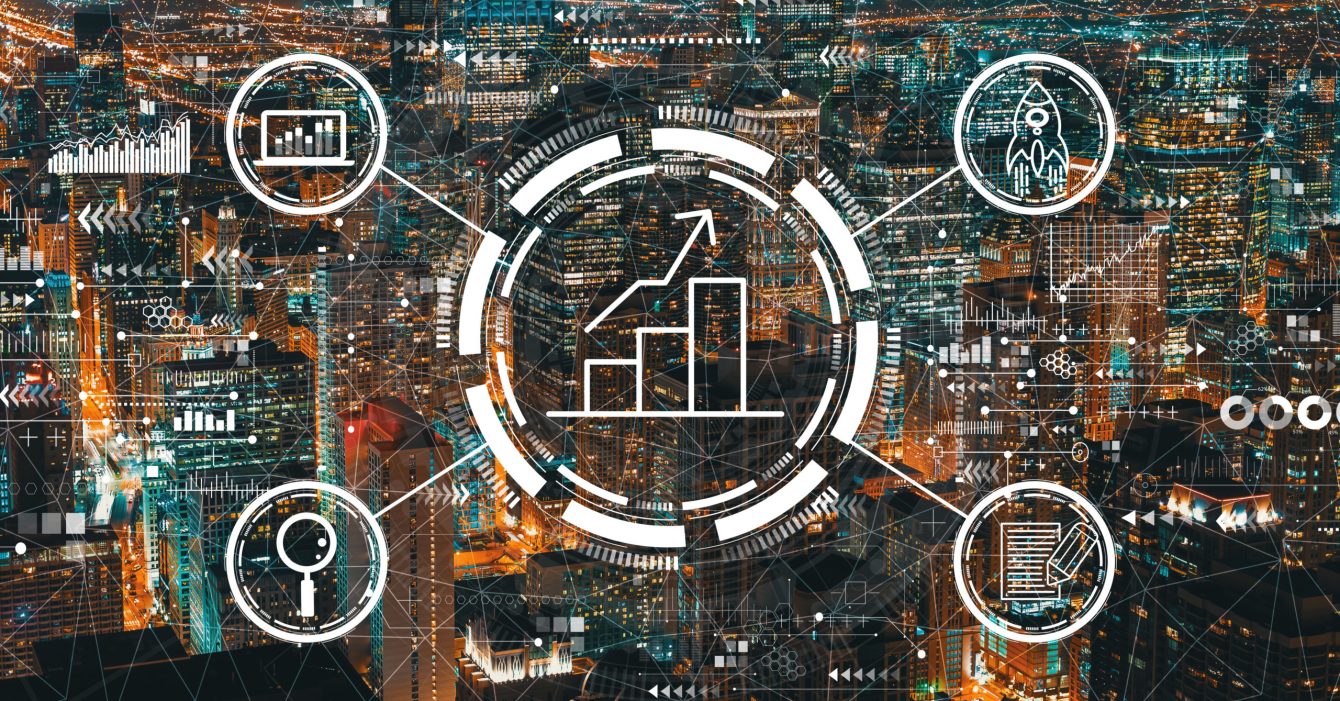 Business growth analysis with downtown Chicago skyscrapers Business growth analysis with downtown Chicago skyscrapers